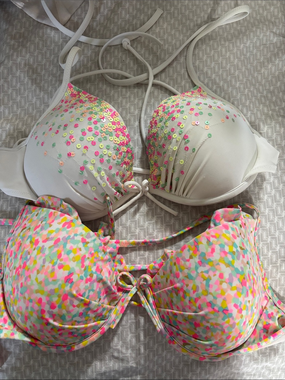 Victoria's Secret White Sequin & Multicolor Confetti Swim Tops- 34C